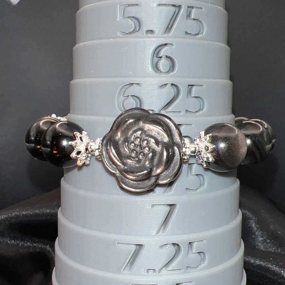 High Quality Silver Sheen Obsidian Stretch Bracelet HANDMADE Double Sided Flower - Picture 8 of 12